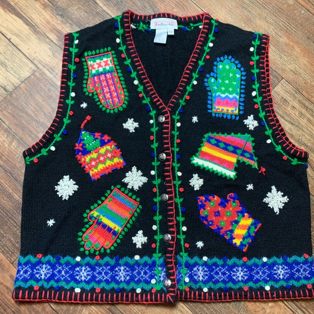 Talbots Women's Large 100% Wool Snowflake  Mittens Christmas Winter black vest